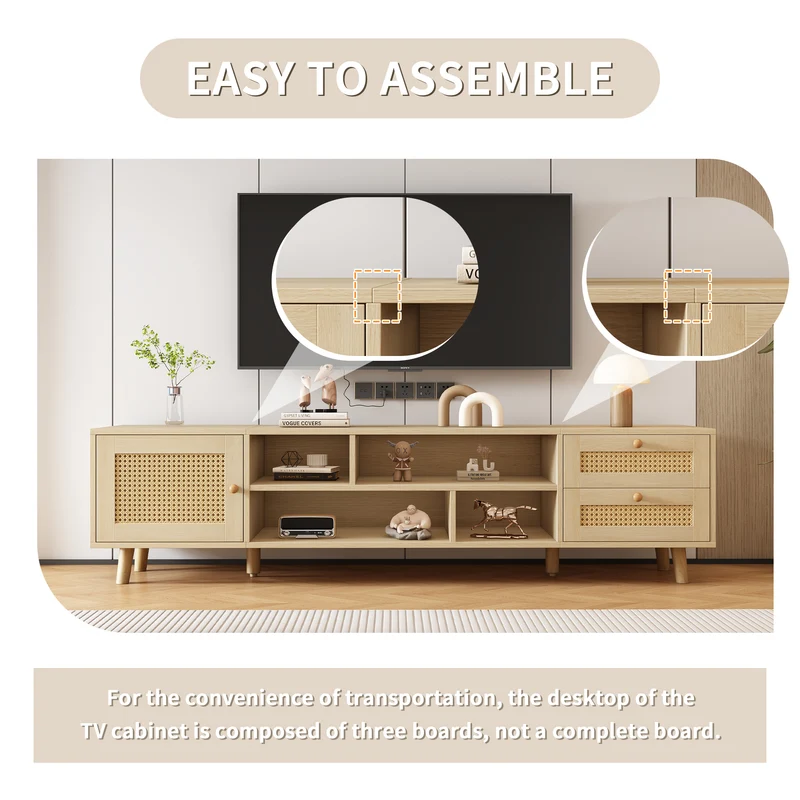 Meuble TV effet bois et rotin avec 2 tiroirs 1 porte et niches de rangement ANIL