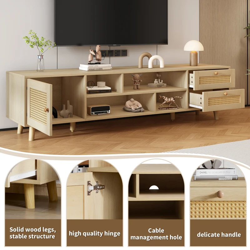 Meuble TV effet bois et rotin avec 2 tiroirs 1 porte et niches de rangement ANIL
