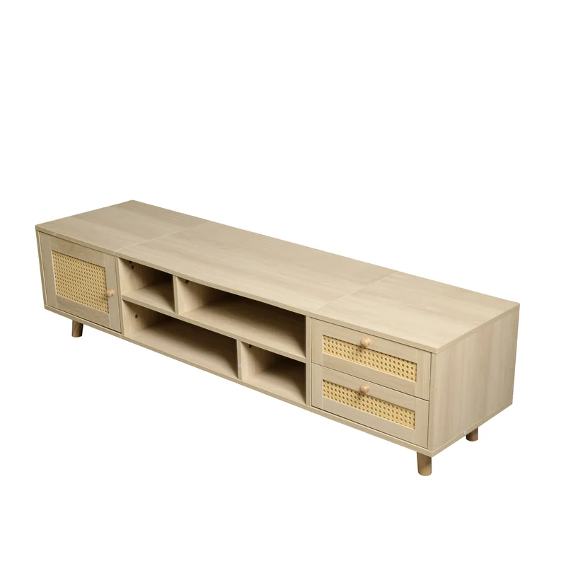 Meuble TV effet bois et rotin avec 2 tiroirs 1 porte et niches de rangement ANIL