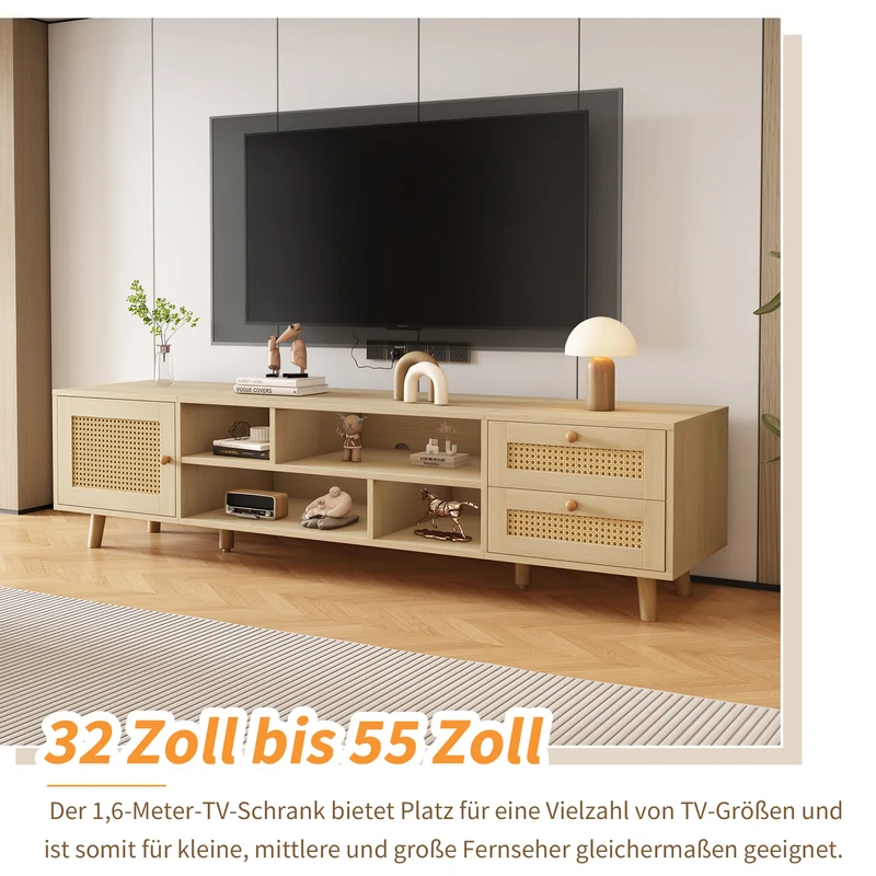 Meuble TV effet bois et rotin avec 2 tiroirs 1 porte et niches de rangement ANIL