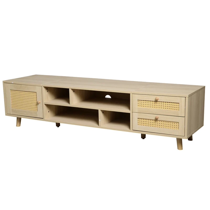 Meuble TV effet bois et rotin avec 2 tiroirs 1 porte et niches de rangement ANIL