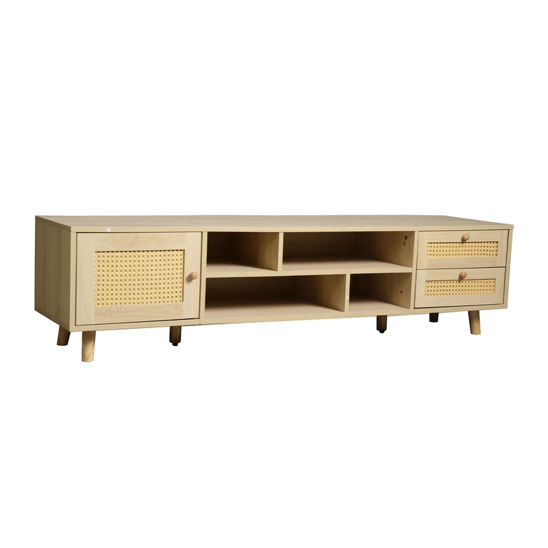 Meuble TV effet bois et rotin avec 2 tiroirs 1 porte et niches de rangement ANIL