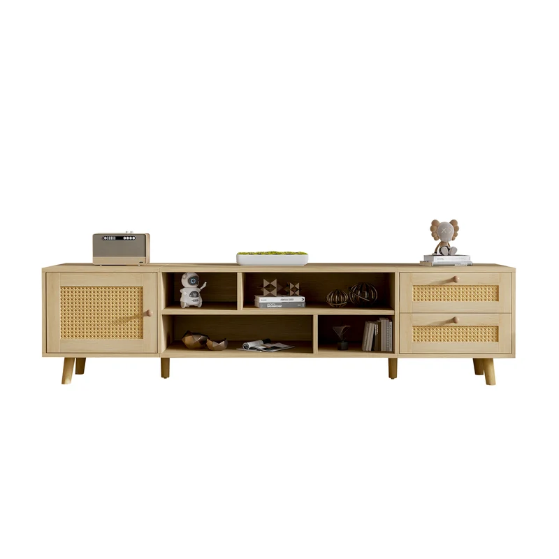 Meuble TV effet bois et rotin avec 2 tiroirs 1 porte et niches de rangement ANIL