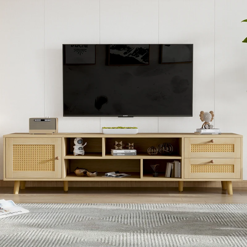 Meuble TV effet bois et rotin avec 2 tiroirs 1 porte et niches de rangement ANIL