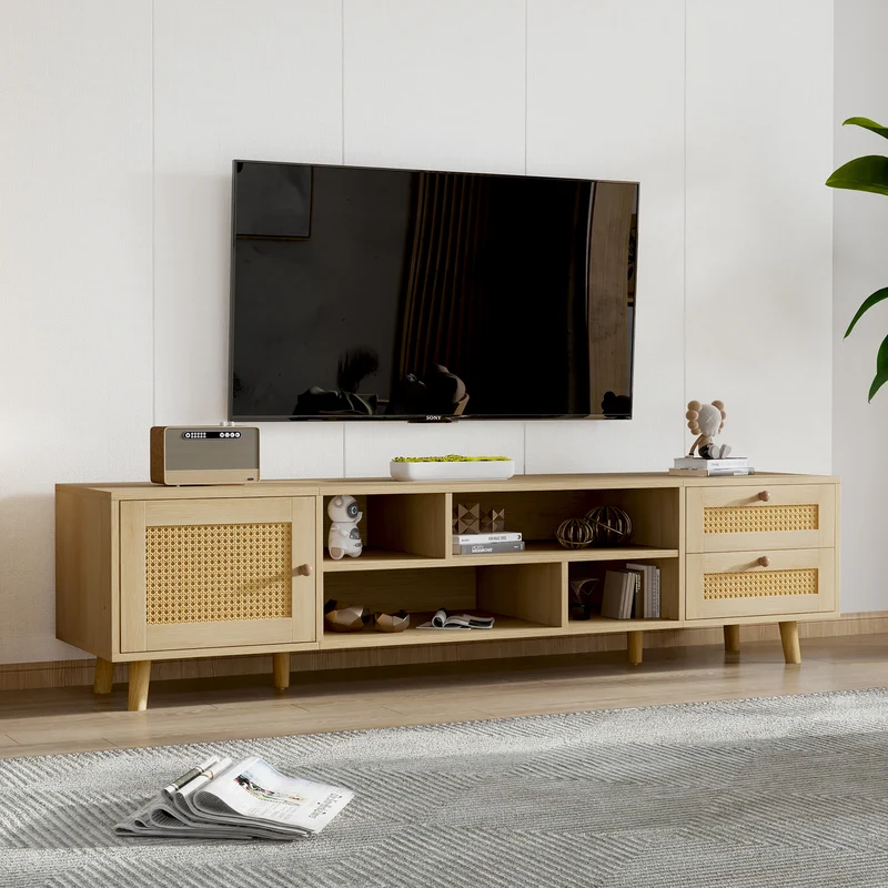 Meuble TV effet bois et rotin avec 2 tiroirs 1 porte et niches de rangement ANIL