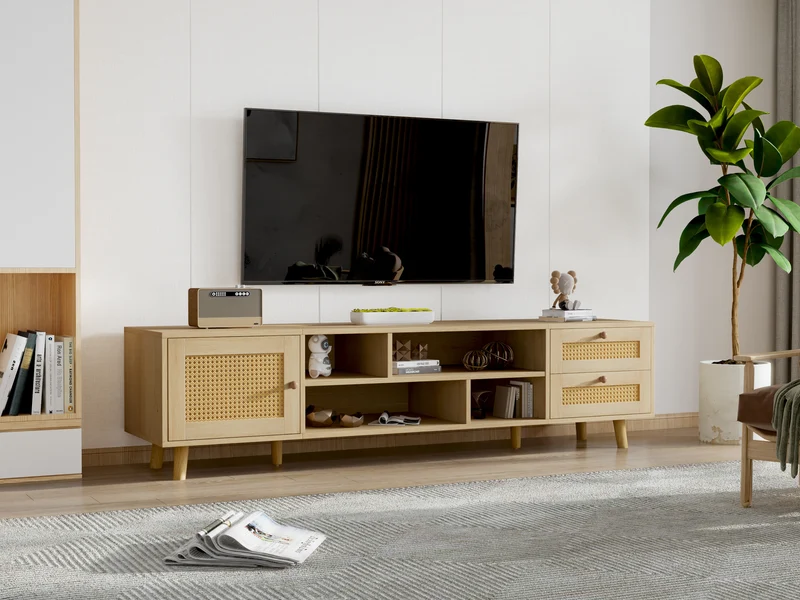 Meuble TV effet bois et rotin avec 2 tiroirs 1 porte et niches de rangement ANIL