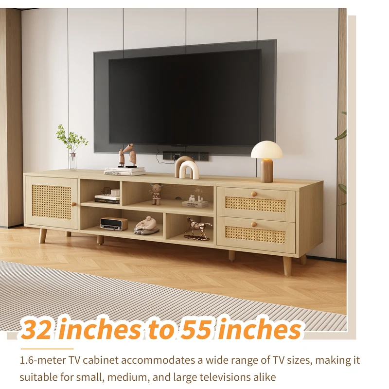 Meuble TV effet bois et rotin avec 2 tiroirs 1 porte et niches de rangement ANIL