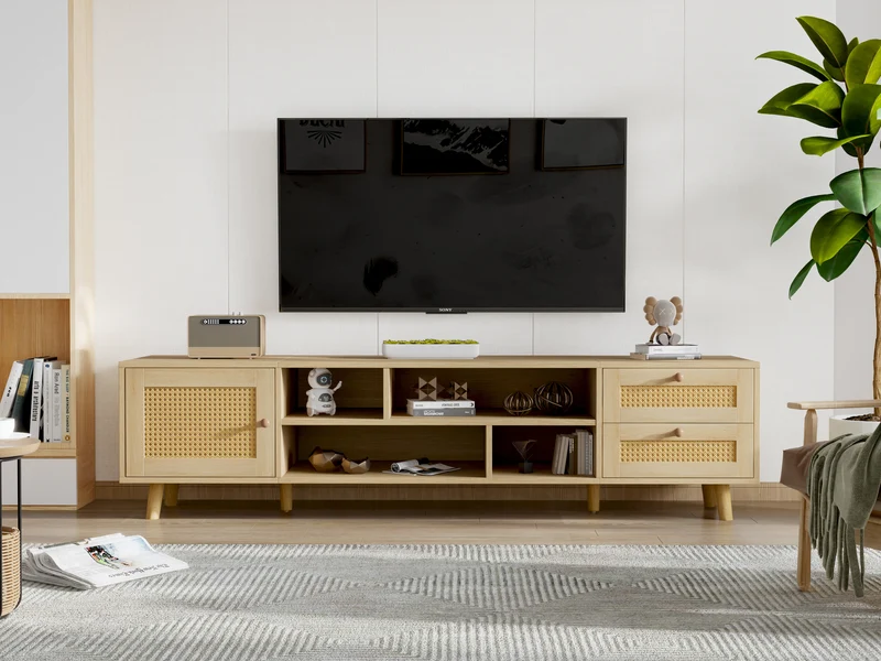 Meuble TV effet bois et rotin avec 2 tiroirs 1 porte et niches de rangement ANIL