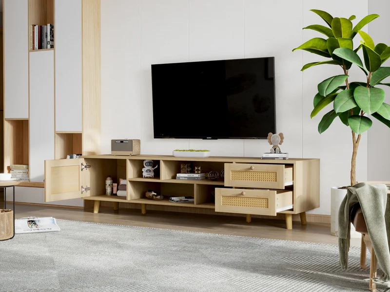 Meuble TV effet bois et rotin avec 2 tiroirs 1 porte et niches de rangement ANIL
