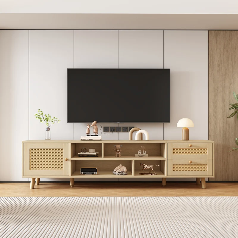 Meuble TV effet bois et rotin avec 2 tiroirs 1 porte et niches de rangement ANIL