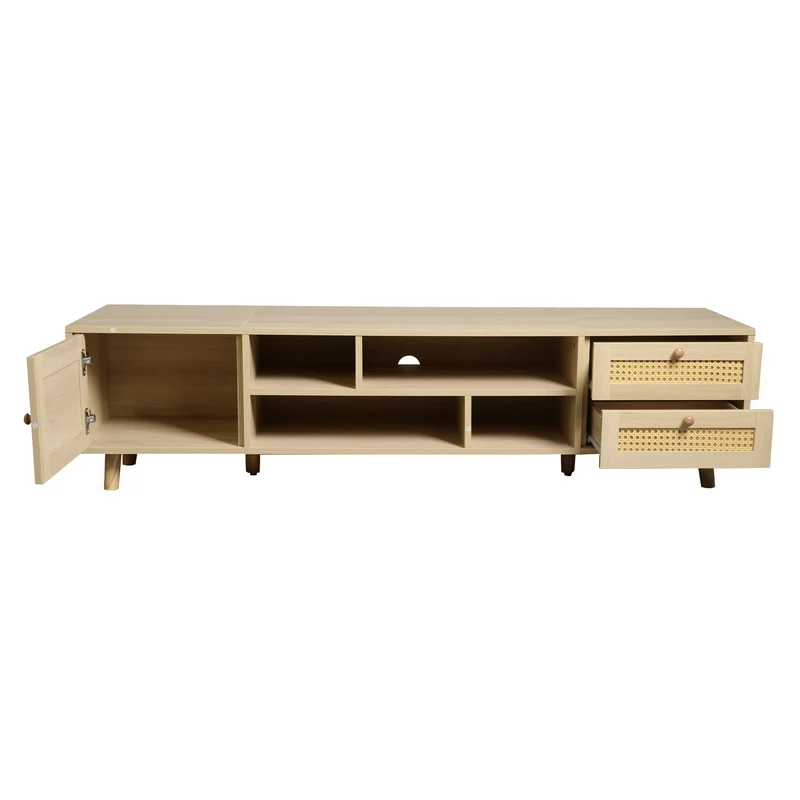 Meuble TV effet bois et rotin avec 2 tiroirs 1 porte et niches de rangement ANIL