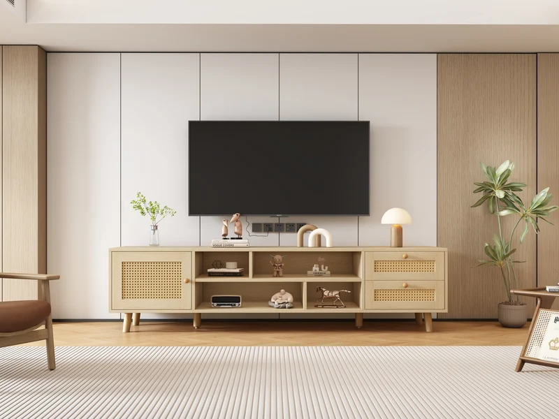 Meuble TV effet bois et rotin avec 2 tiroirs 1 porte et niches de rangement ANIL