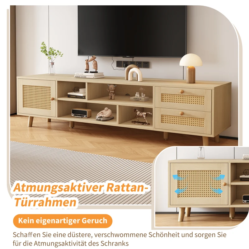 Meuble TV effet bois et rotin avec 2 tiroirs 1 porte et niches de rangement ANIL