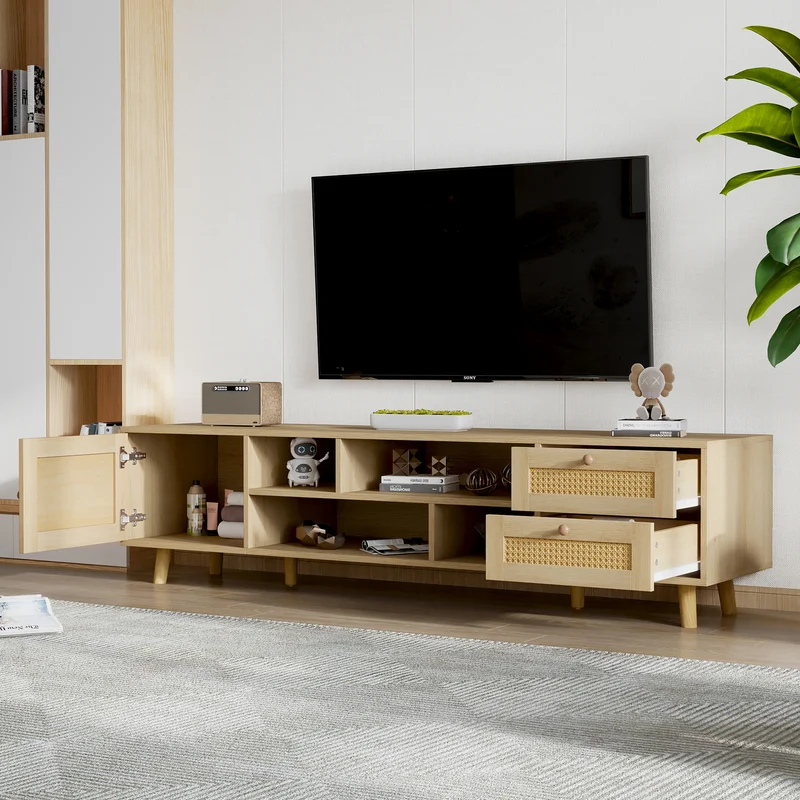 Meuble TV effet bois et rotin avec 2 tiroirs 1 porte et niches de rangement ANIL