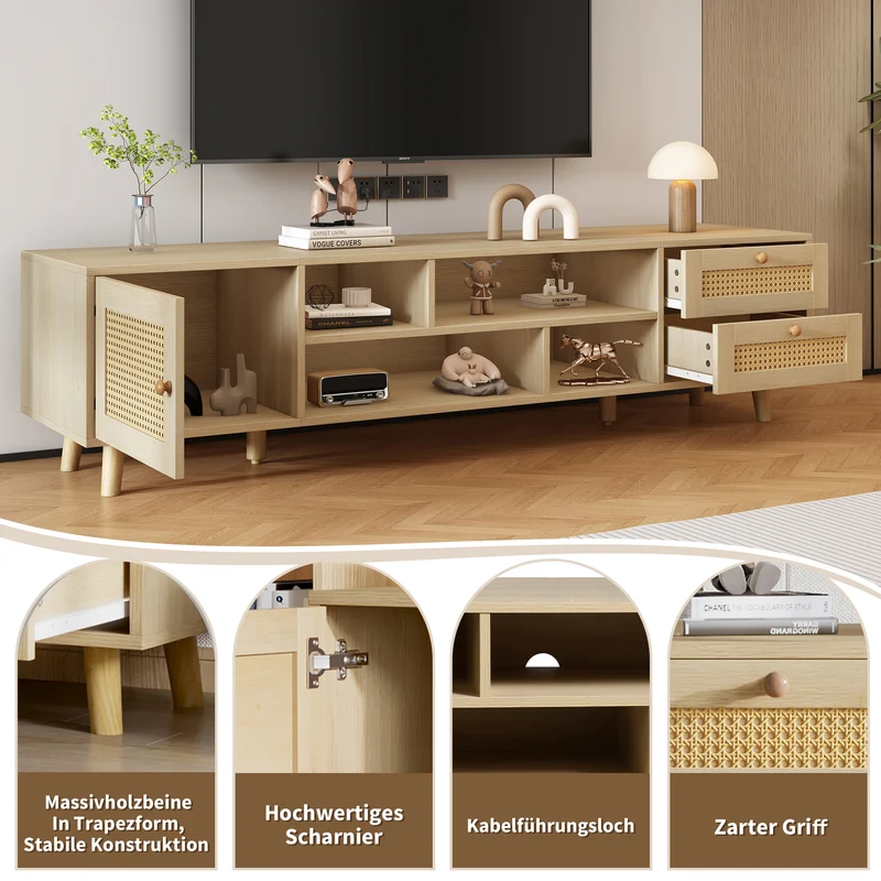 Meuble TV effet bois et rotin avec 2 tiroirs 1 porte et niches de rangement ANIL