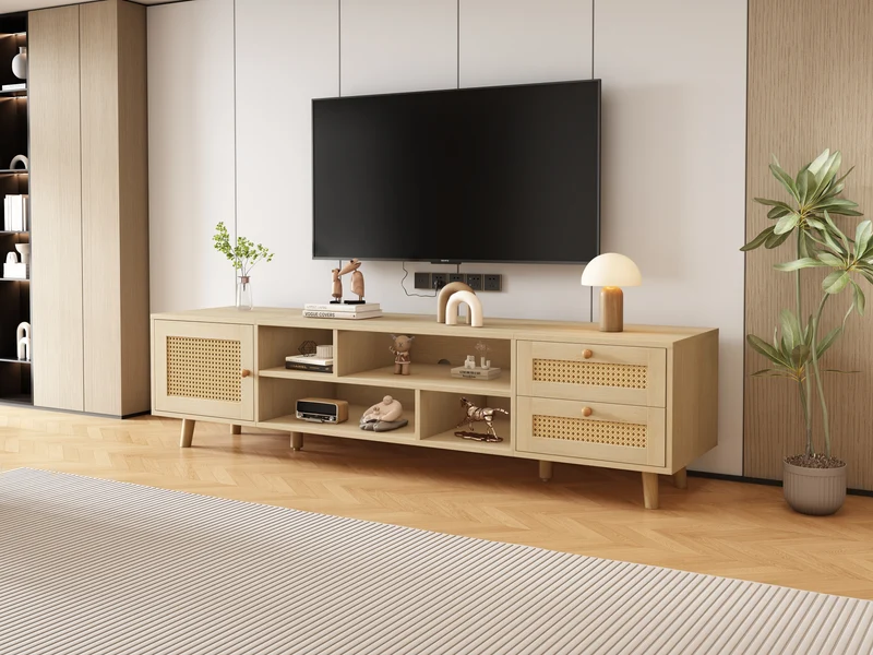 Meuble TV effet bois et rotin avec 2 tiroirs 1 porte et niches de rangement ANIL