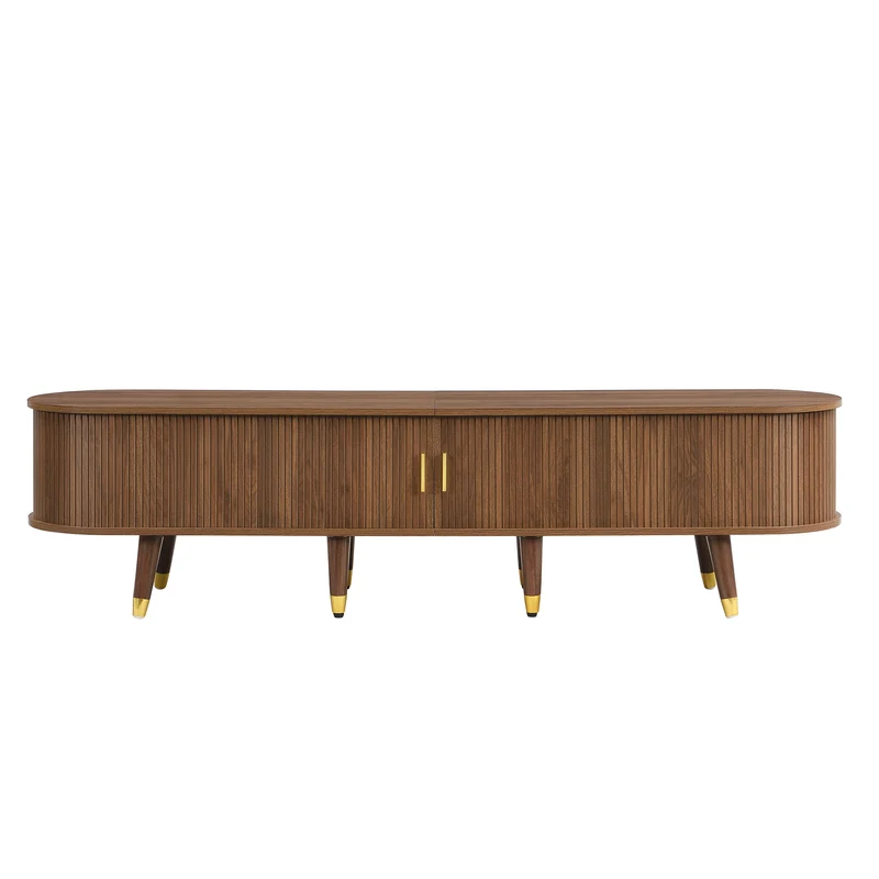 Meuble TV 175 cm effet bois noyer MDF avec porte coulissante en rotin STARANISESTAR