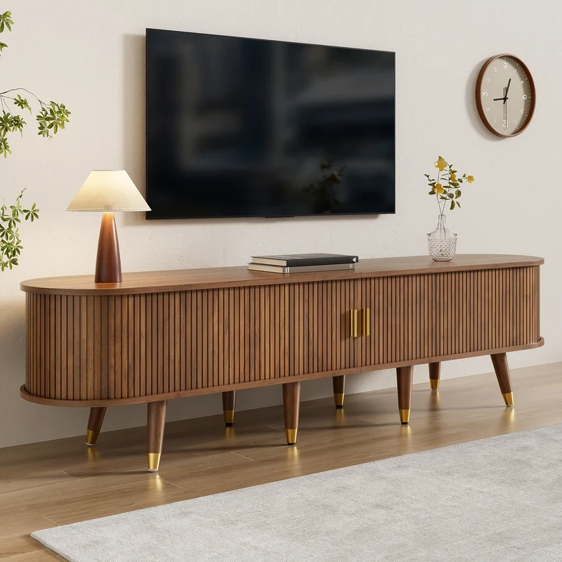Meuble TV 175 cm effet bois noyer MDF avec porte coulissante en rotin STARANISESTAR