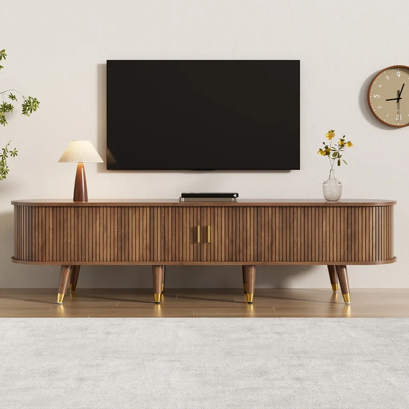 Meuble TV 175 cm effet bois noyer MDF avec porte coulissante en rotin STARANISESTAR