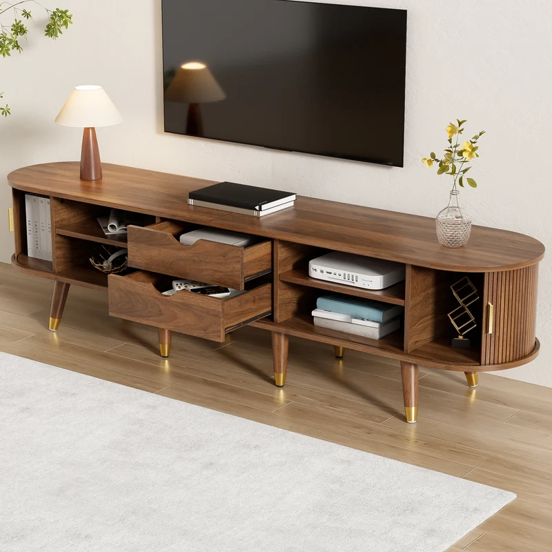 Meuble TV 175 cm effet bois noyer MDF avec porte coulissante en rotin STARANISESTAR