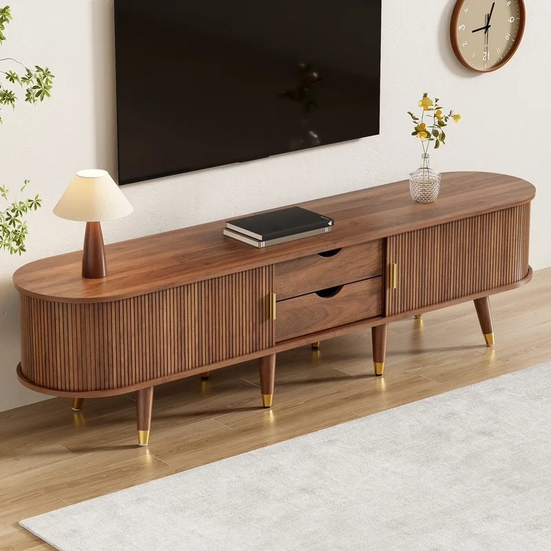 Meuble TV 175 cm effet bois noyer MDF avec porte coulissante en rotin STARANISESTAR