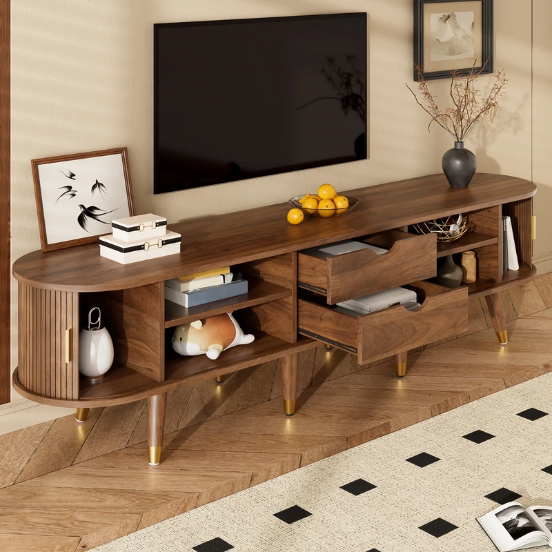 Meuble TV 175 cm effet bois noyer MDF avec porte coulissante en rotin STARANISESTAR