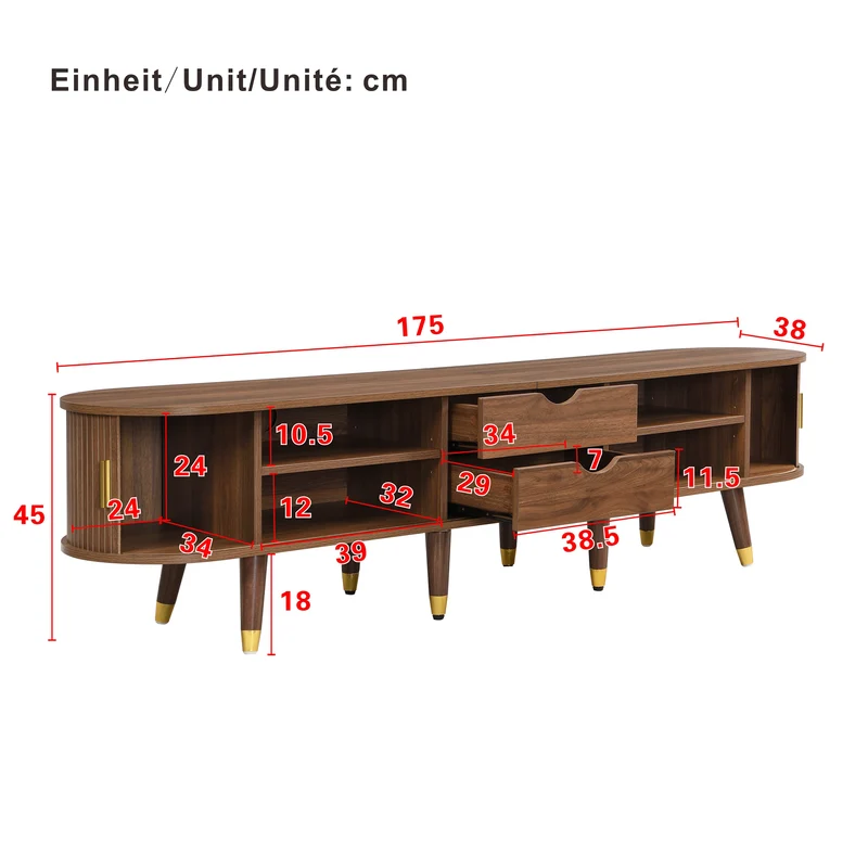 Meuble TV 175 cm effet bois noyer MDF avec porte coulissante en rotin STARANISESTAR