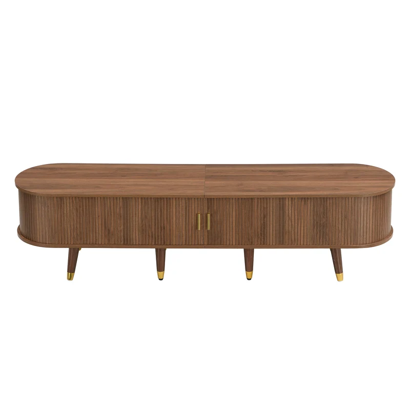 Meuble TV 175 cm effet bois noyer MDF avec porte coulissante en rotin STARANISESTAR
