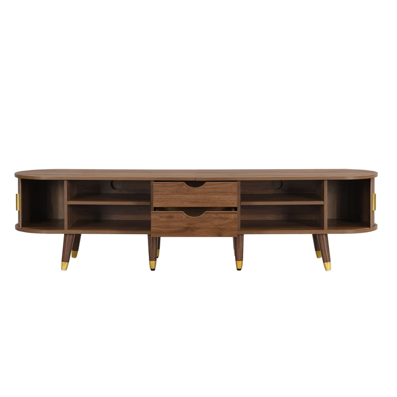 Meuble TV 175 cm effet bois noyer MDF avec porte coulissante en rotin STARANISESTAR
