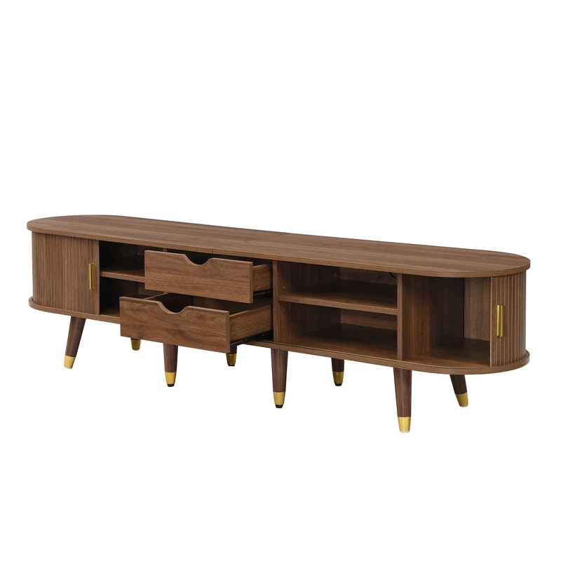 Meuble TV 175 cm effet bois noyer MDF avec porte coulissante en rotin STARANISESTAR