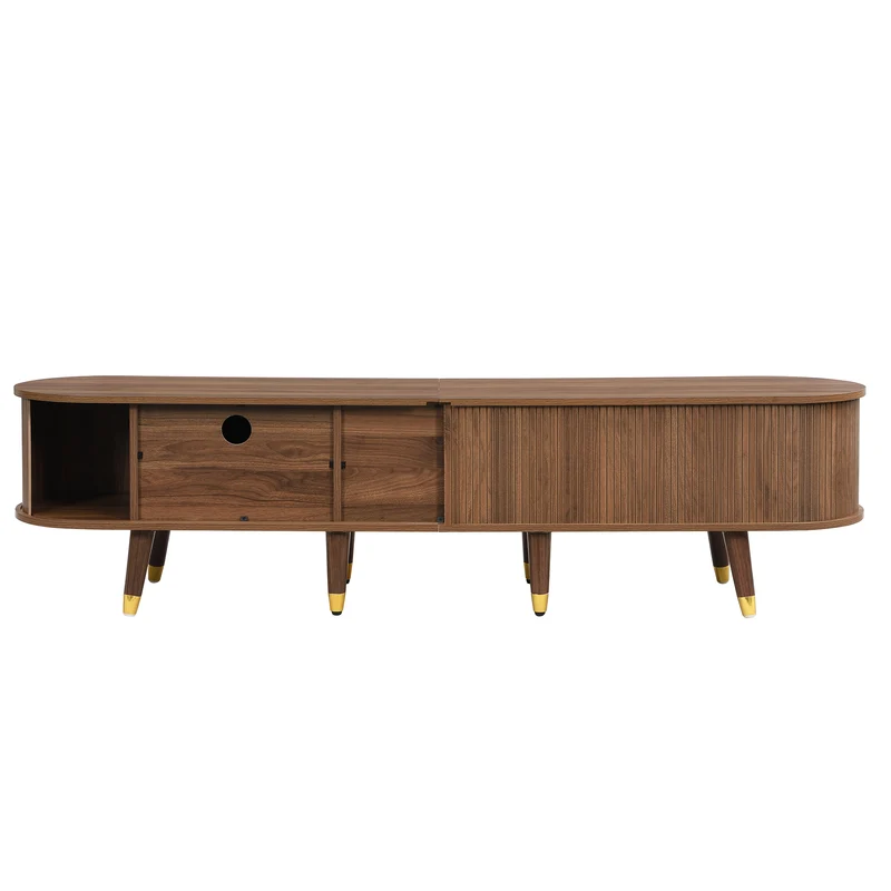 Meuble TV 175 cm effet bois noyer MDF avec porte coulissante en rotin STARANISESTAR