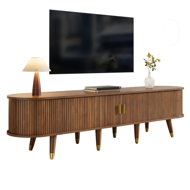 Meuble TV 175 cm effet bois noyer MDF avec porte coulissante en rotin STARANISESTAR
