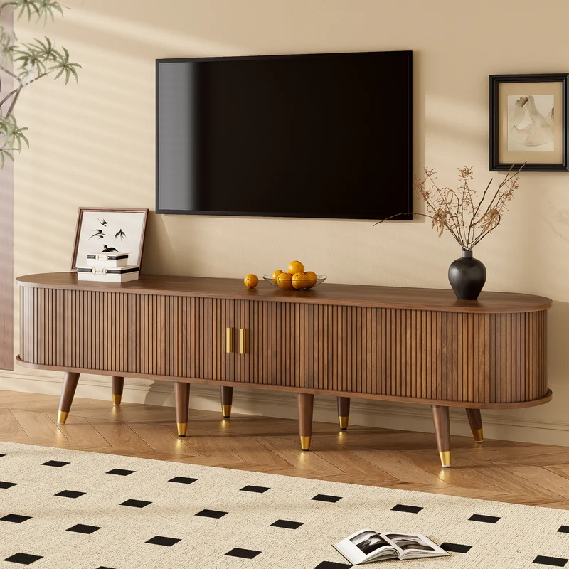 Meuble TV 175 cm effet bois noyer MDF avec porte coulissante en rotin STARANISESTAR