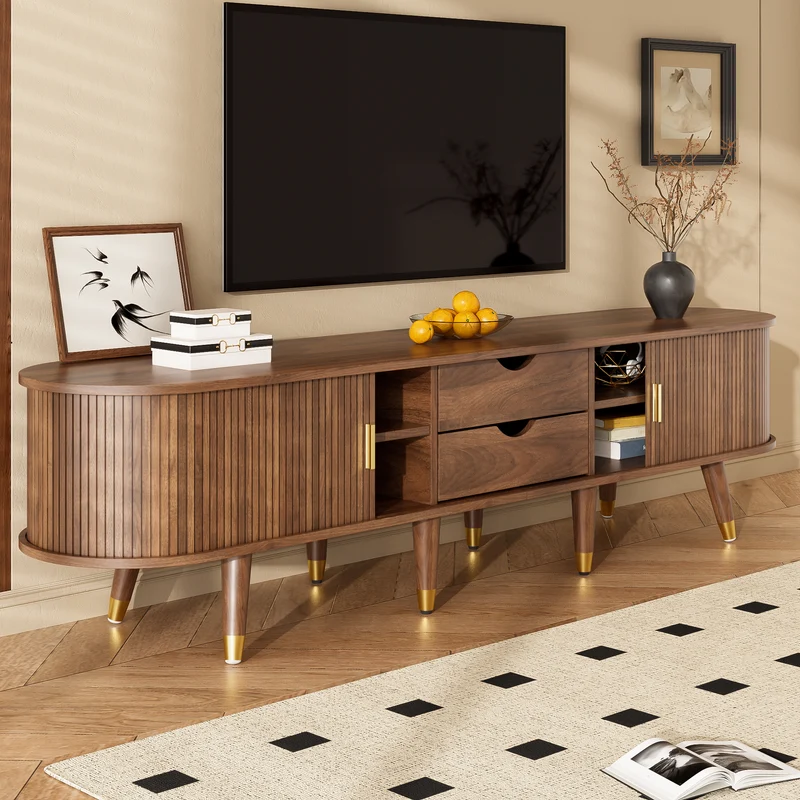 Meuble TV 175 cm effet bois noyer MDF avec porte coulissante en rotin STARANISESTAR