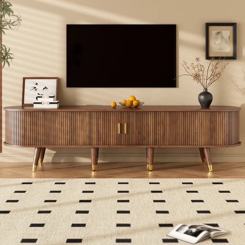 Meuble TV 175 cm effet bois noyer MDF avec porte coulissante en rotin STARANISESTAR