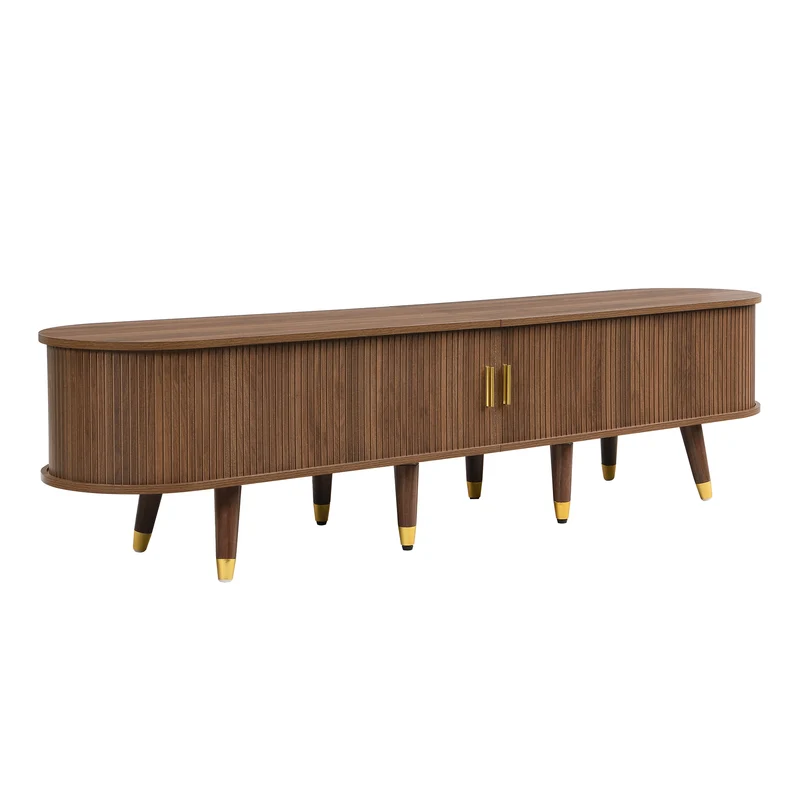 Meuble TV 175 cm effet bois noyer MDF avec porte coulissante en rotin STARANISESTAR