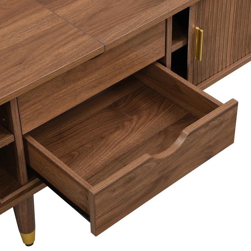 Meuble TV 175 cm effet bois noyer MDF avec porte coulissante en rotin STARANISESTAR
