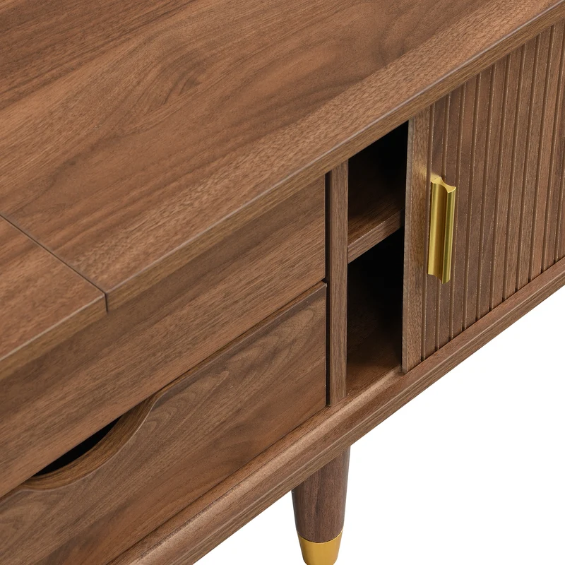 Meuble TV 175 cm effet bois noyer MDF avec porte coulissante en rotin STARANISESTAR
