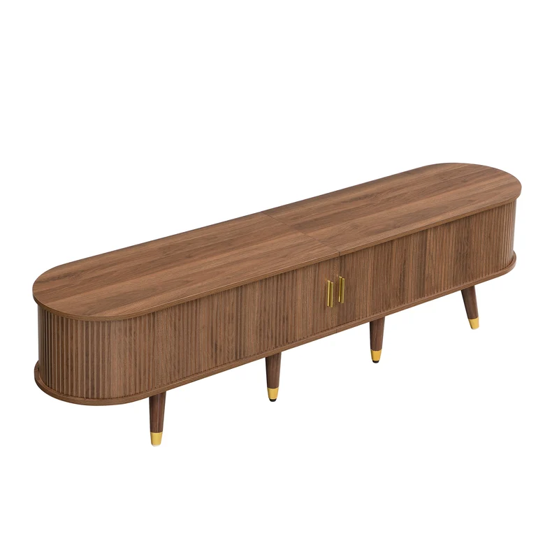 Meuble TV 175 cm effet bois noyer MDF avec porte coulissante en rotin STARANISESTAR