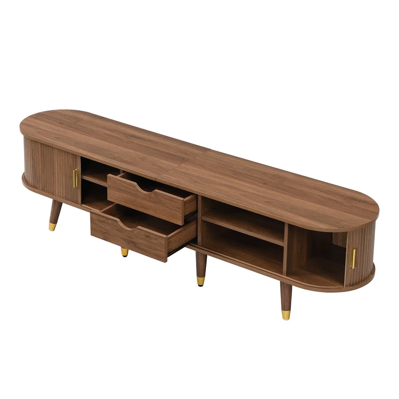 Meuble TV 175 cm effet bois noyer MDF avec porte coulissante en rotin STARANISESTAR