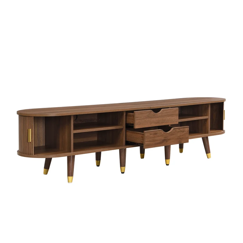 Meuble TV 175 cm effet bois noyer MDF avec porte coulissante en rotin STARANISESTAR