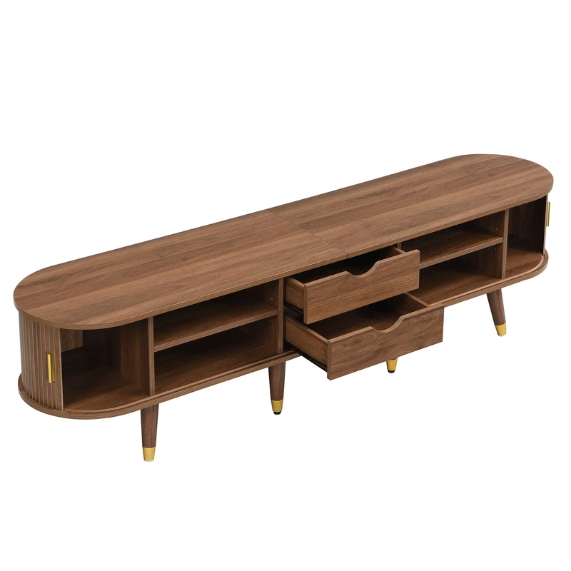 Meuble TV 175 cm effet bois noyer MDF avec porte coulissante en rotin STARANISESTAR