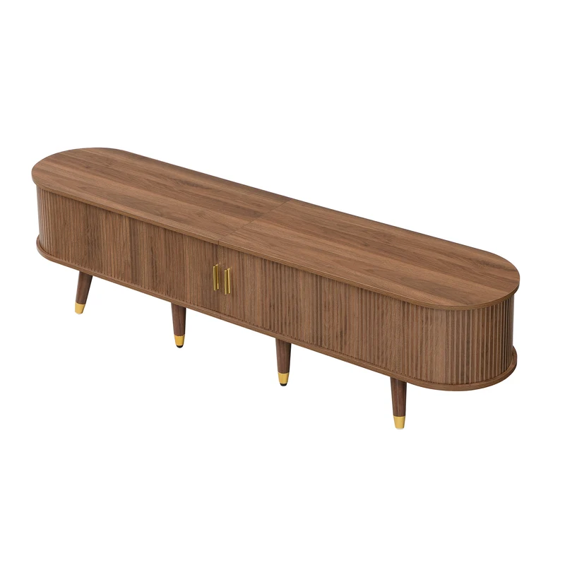 Meuble TV 175 cm effet bois noyer MDF avec porte coulissante en rotin STARANISESTAR