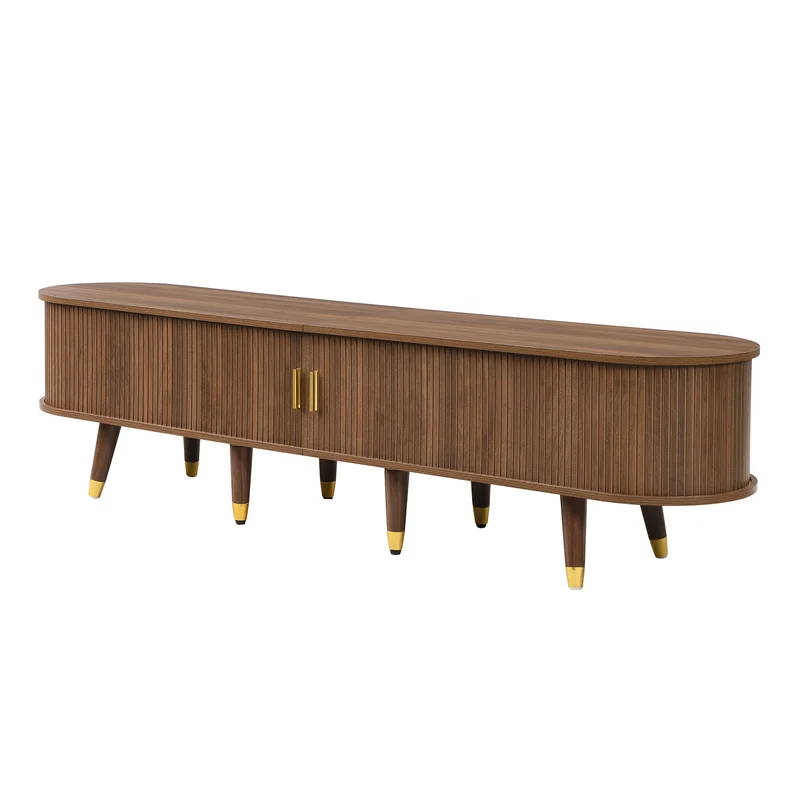 Meuble TV 175 cm effet bois noyer MDF avec porte coulissante en rotin STARANISESTAR