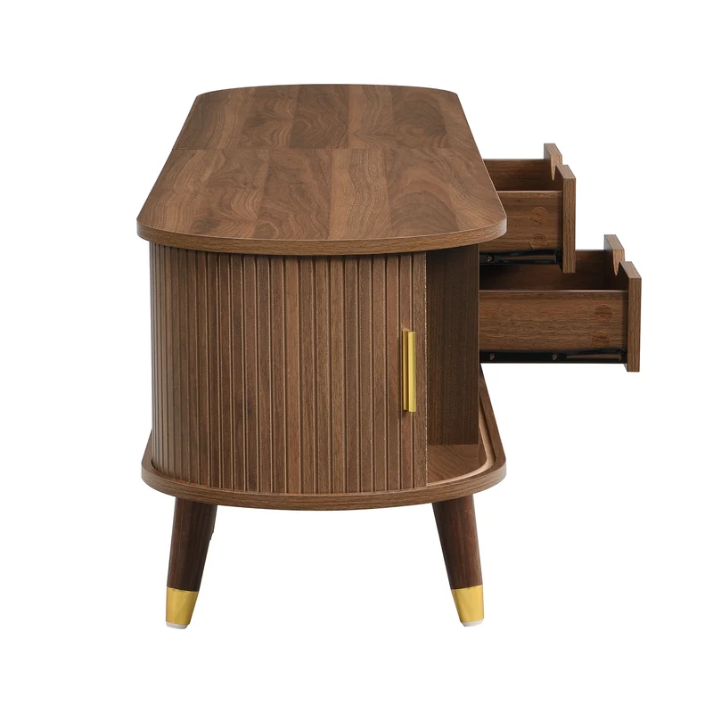 Meuble TV 175 cm effet bois noyer MDF avec porte coulissante en rotin STARANISESTAR