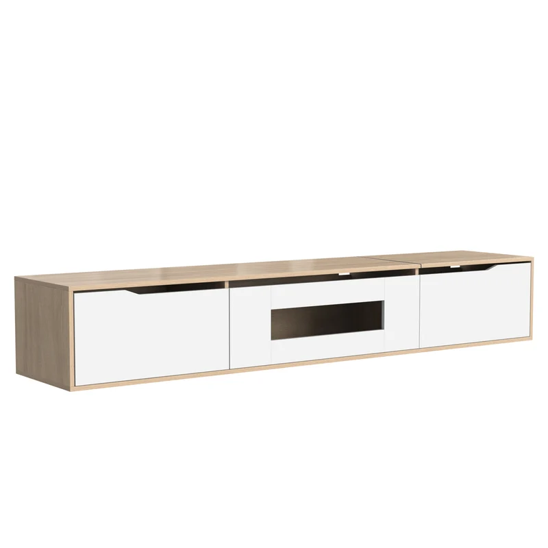Meuble TV haut brillant blanc et effet bois 180x35x30 cm avec éclairage LED multicolore LIMESTONEBLUFF