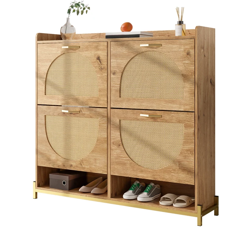 Meuble à chaussures en bois avec portes en rotin – 108,5x24x100 cm, 4 portes style naturel SHARKFIN