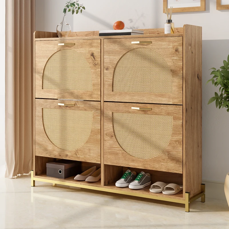 Meuble à chaussures en bois avec portes en rotin – 108,5x24x100 cm, 4 portes style naturel SHARKFIN