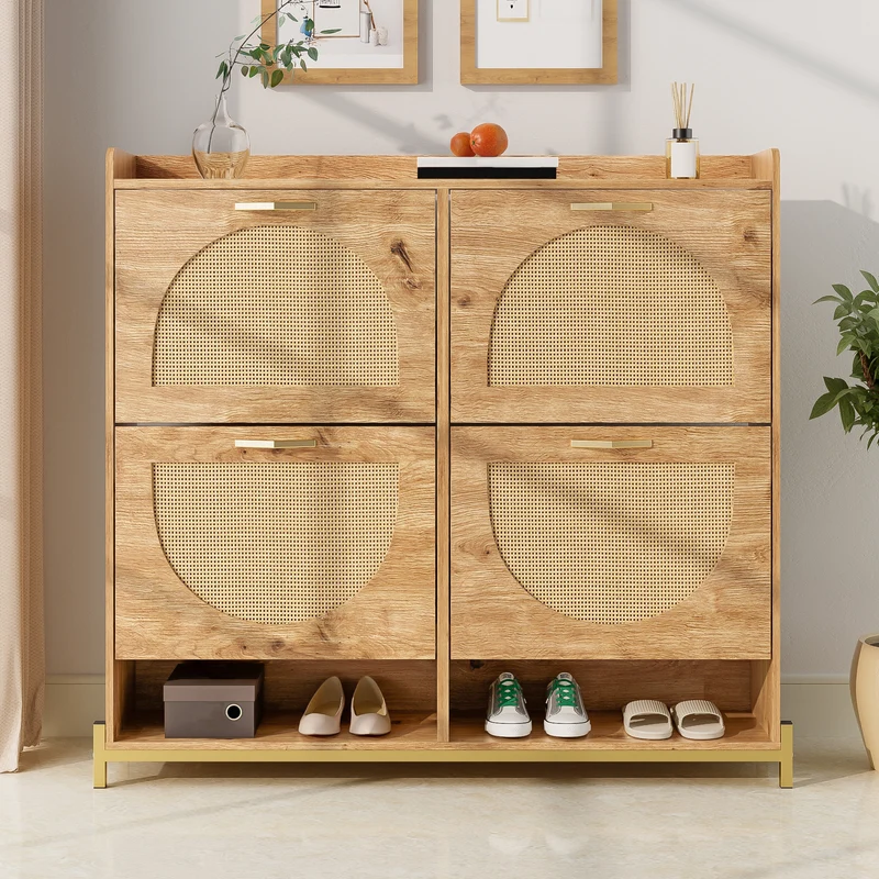Meuble à chaussures en bois avec portes en rotin – 108,5x24x100 cm, 4 portes style naturel SHARKFIN