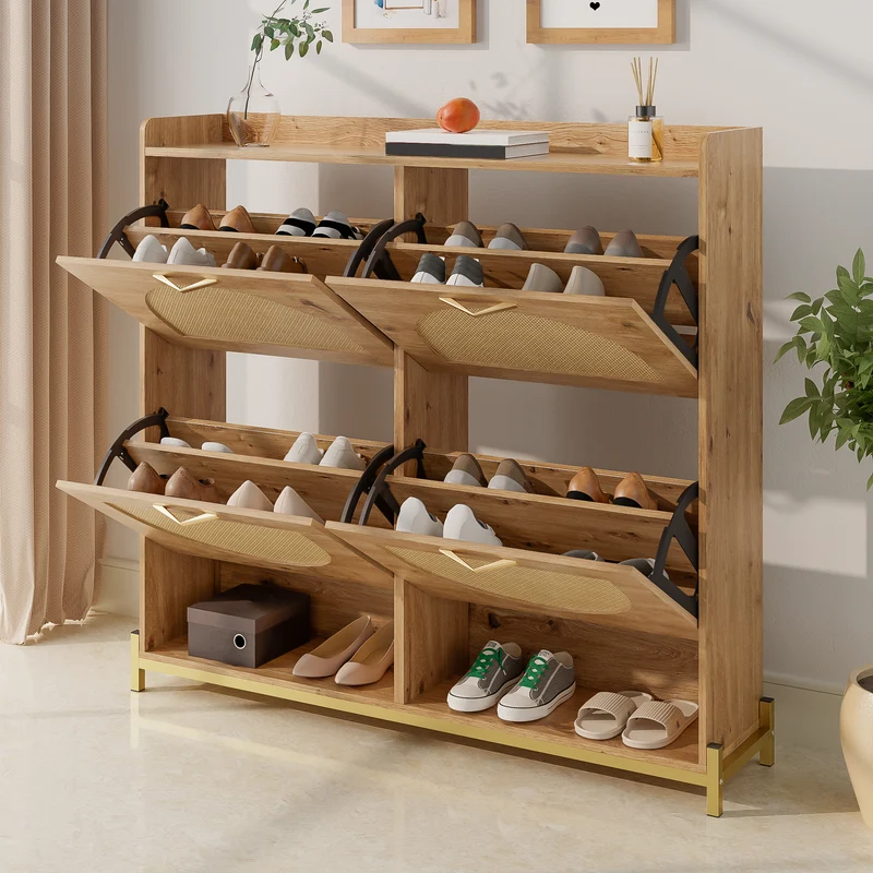 Meuble à chaussures en bois avec portes en rotin – 108,5x24x100 cm, 4 portes style naturel SHARKFIN